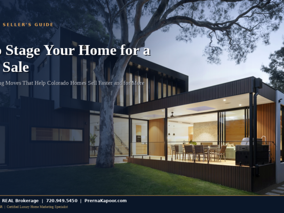 A beautiful staged luxury Colorado home at golden hour