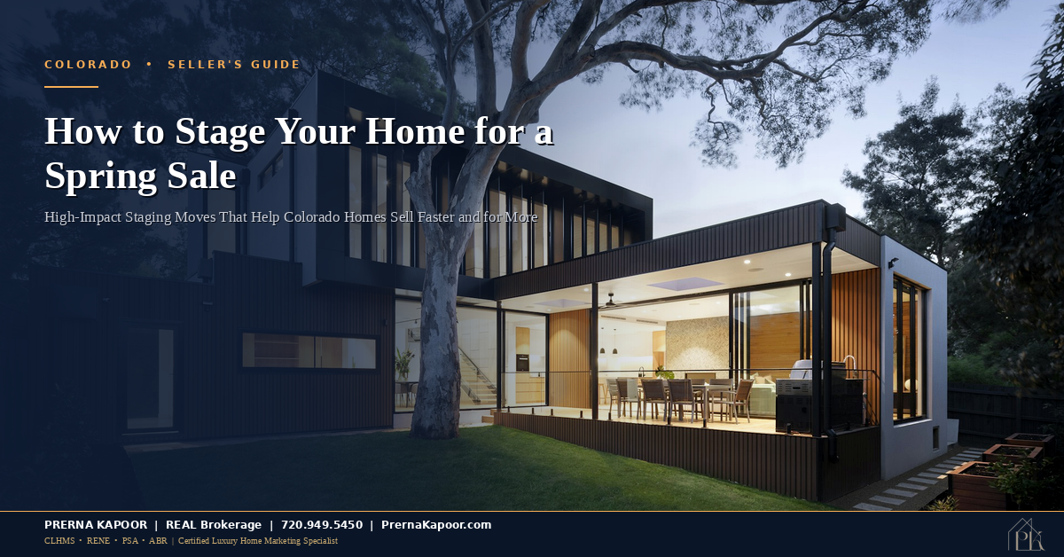 A beautiful staged luxury Colorado home at golden hour