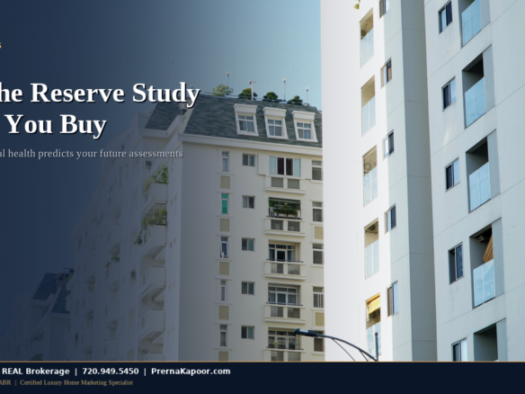 Multi-story condominium building exterior with HOA documents in foreground in Colorado