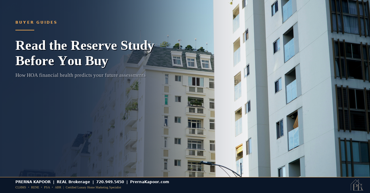 Multi-story condominium building exterior with HOA documents in foreground in Colorado