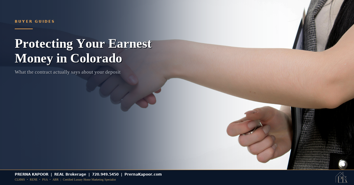 Couple reviewing earnest money paperwork at title company desk in Colorado