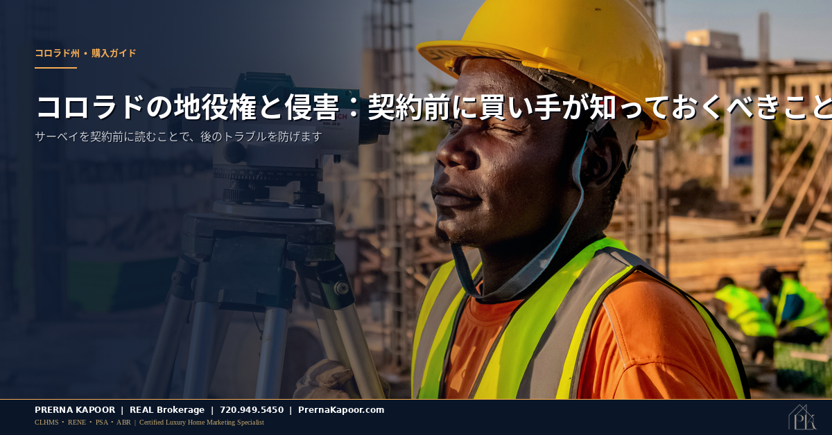 コロラド州の建築現場で測量機を使い境界線や地役権を測定する測量士