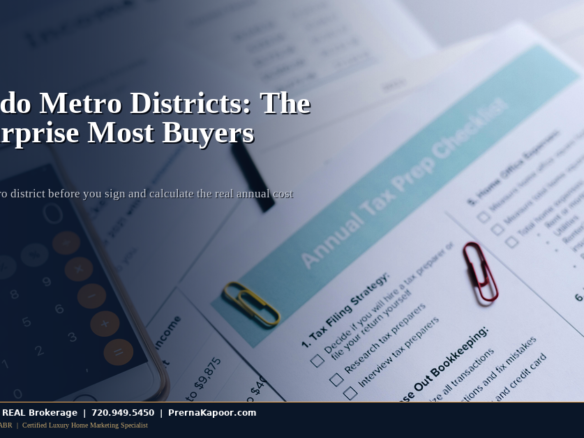 Buyer reviewing Colorado property tax documents and metro district disclosure paperwork