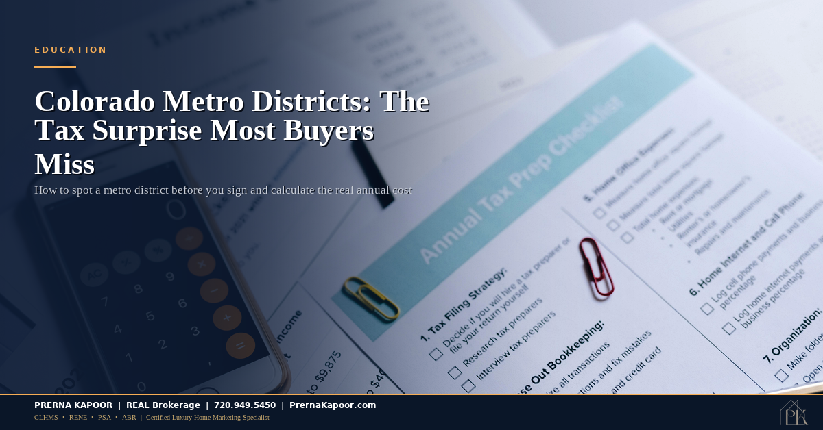 Buyer reviewing Colorado property tax documents and metro district disclosure paperwork