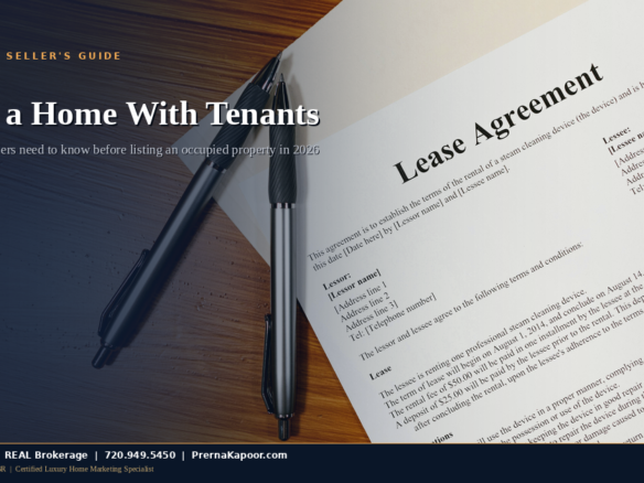 Real estate agent reviewing lease and home sale documents with clients - Colorado tenant-occupied sale