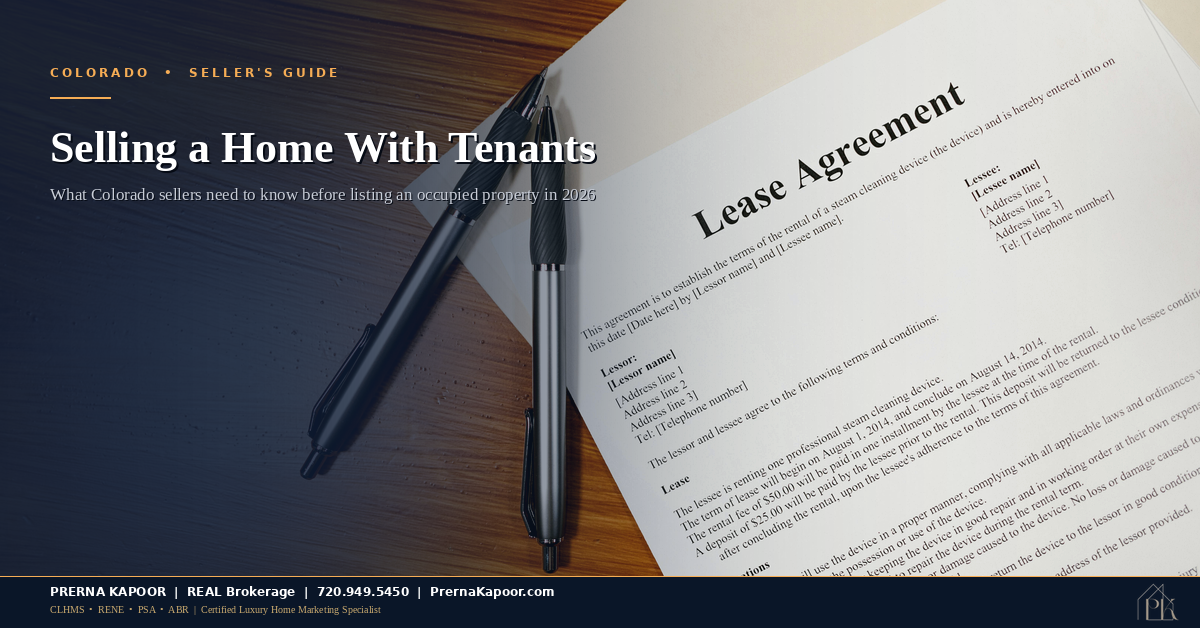 Real estate agent reviewing lease and home sale documents with clients - Colorado tenant-occupied sale