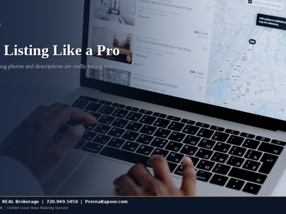 Home buyer reading real estate listing details on laptop
