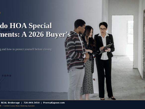 Couple meeting with realtor reviewing HOA documents before closing on a Colorado condo