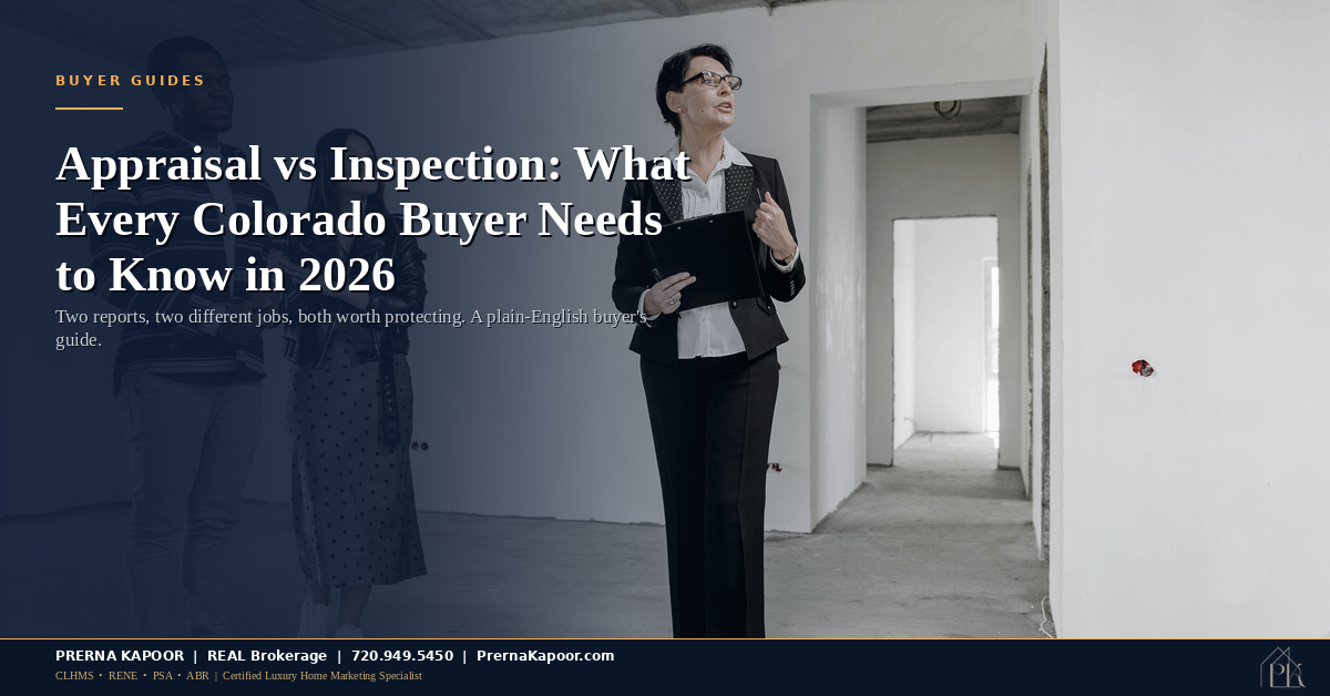 Colorado home appraisal vs inspection guide — real estate professional reviewing a property with a clipboard