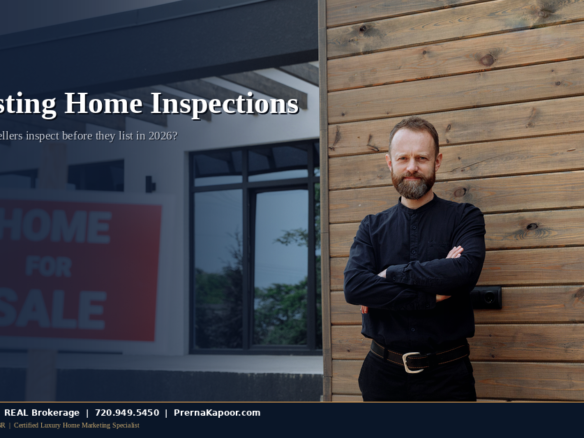 Real estate agent standing by a Colorado home with a for-sale sign before listing