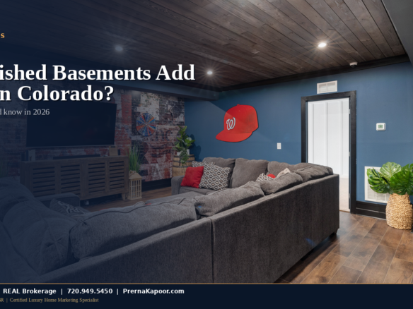 Finished basement recreation room with sectional sofa in a Colorado home