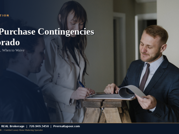 Couple reviewing a Colorado home purchase contract with contingency clauses highlighted