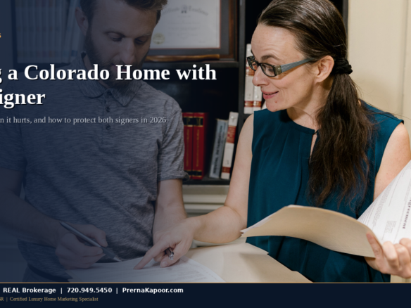 Colorado home buyers reviewing co-signer mortgage documents with a lender