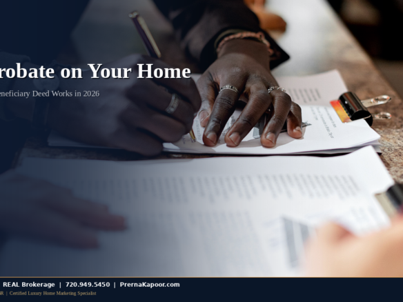 An older couple reviewing home ownership documents at a kitchen table, representing Colorado beneficiary deed and estate planning for homeowners