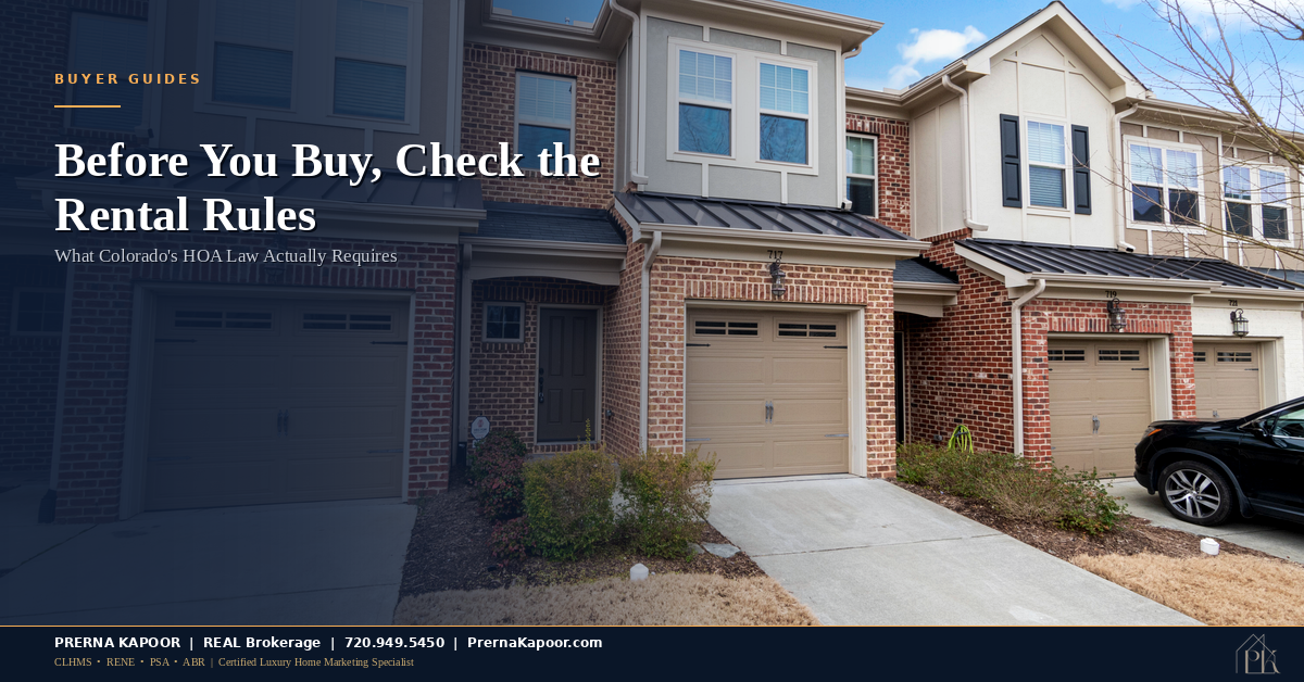 Suburban Colorado HOA community street of townhomes, representing HOA rental restriction rules for home buyers