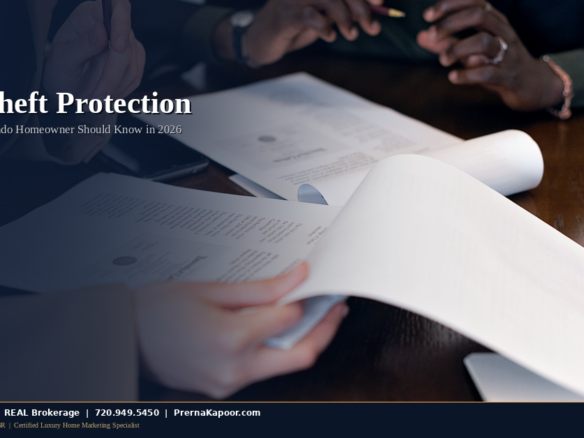A desk with property documents and a pen, representing title theft and deed fraud protection for Colorado homeowners