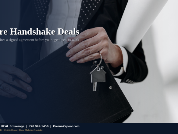 Buyer and real estate agent signing a written representation agreement, representing Colorado's new August 2026 broker agreement law