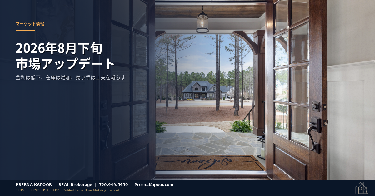 2026年8月下旬のコロラド住宅市場アップデートを表す、住宅ローン金利と増加する在庫を示すグラフと住宅モデル