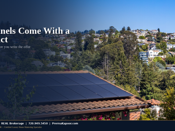 Rooftop solar panels on a suburban Colorado home, illustrating what buyers should check about solar lease and financing agreements before closing