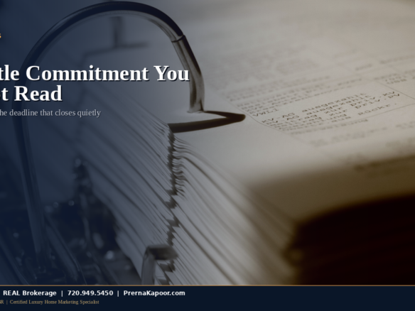 A Colorado home buyer reviewing title commitment paperwork at a desk before the record title objection deadline