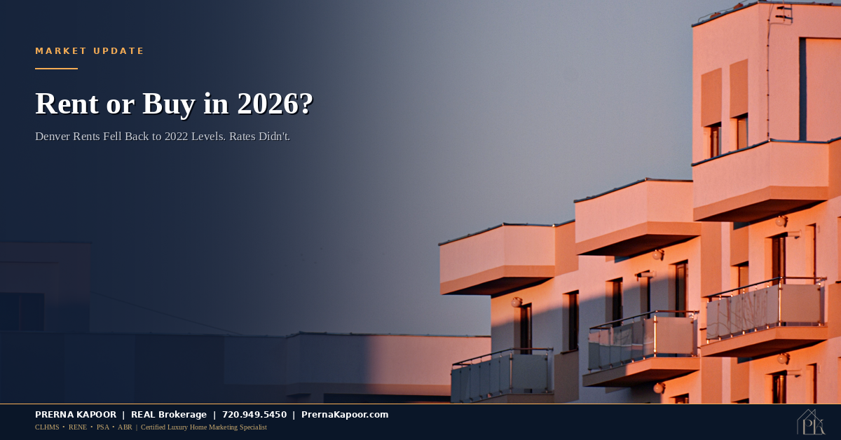 Metro Denver apartment buildings at dusk, illustrating the 2026 rent versus buy comparison for Colorado renters and home buyers