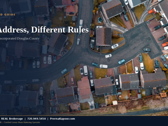 Suburban residential street in a Parker, Colorado neighborhood, illustrating the difference between town limits and unincorporated Douglas County
