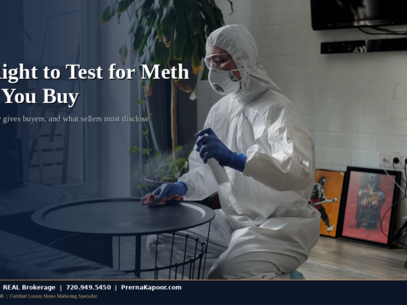 Colorado methamphetamine testing and seller disclosure law for home buyers, showing a technician in protective gear cleaning a living room