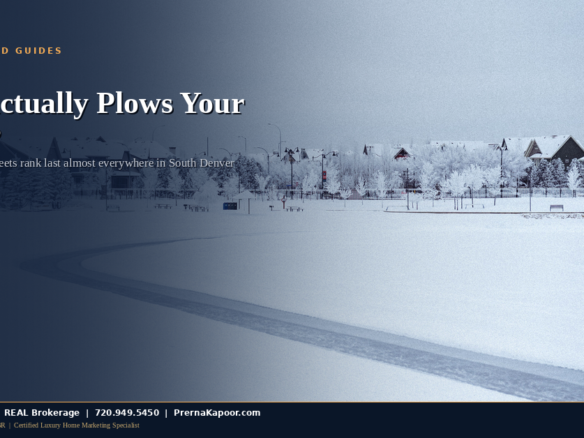A snow-covered residential street in a South Denver suburb, representing how snow plowing priority differs between arterial roads and neighborhood streets in Parker, Aurora, and Centennial