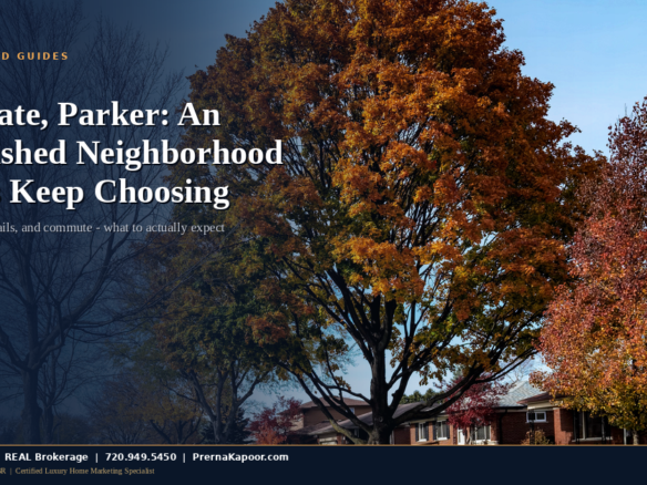 Tree-lined residential street in the Stonegate neighborhood of Parker, Colorado with mature landscaping and single-family homes